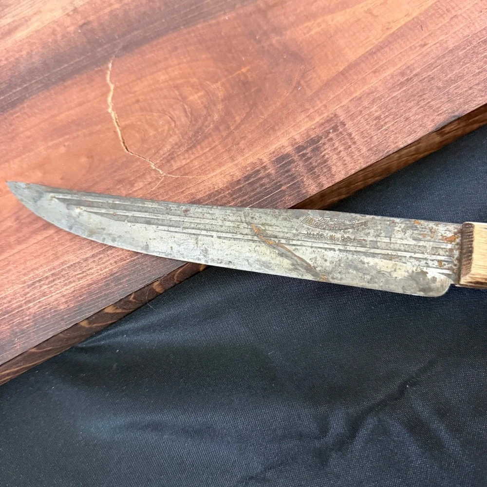 Old Hickory Tru-Edge Butcher Knife Carbon Steel Wood Handle Made in USA Vintage